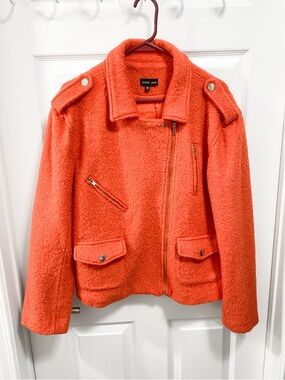 Sister Jane Orange Textured Wool-Blend Bouclé Moto Jacket